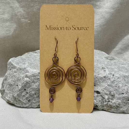 Pair of copper spiral earrings on a 'Mission to Source' card with rocks in the background
