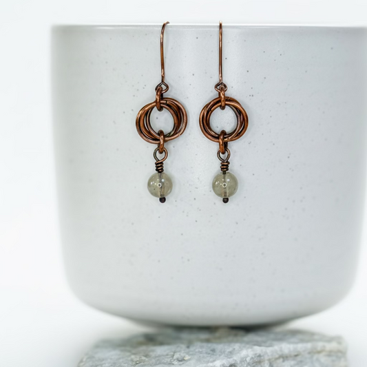 Pair of copper earrings with Golden Rutile beads on a white ceramic surface