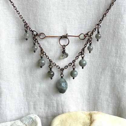 Copper Necklace with grey labradorite beads and chain on a light fabric background