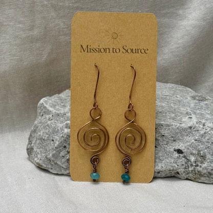 Pair of copper spiral earrings with turquoise beads on a 'Mission to Source' card, placed on a textured surface.