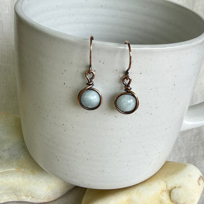 Pair of earrings with round gemstones in a white cup on a textured surface