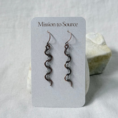 A pair of long, copper dangling earrings with pale Labradorite beads, displayed on a white card labeled 'Mission to Source,' set against a soft white fabric background with a small stone prop.