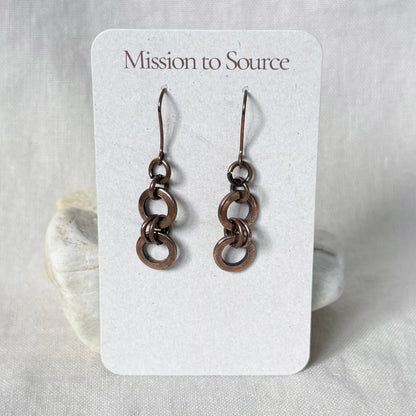 A pair of dangling copper earrings with interlocking circular links, displayed on a white card labeled 'Mission to Source' against a soft neutral fabric background.