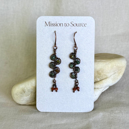Pair of earrings on a 'Mission to Source' card with a stone background