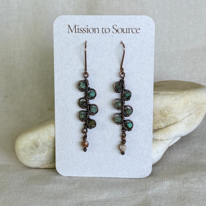Pair of copper and gemstone earrings on a 'Mission to Source' card with stones in the background