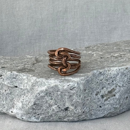 Copper ring on a stone surface with a linen background