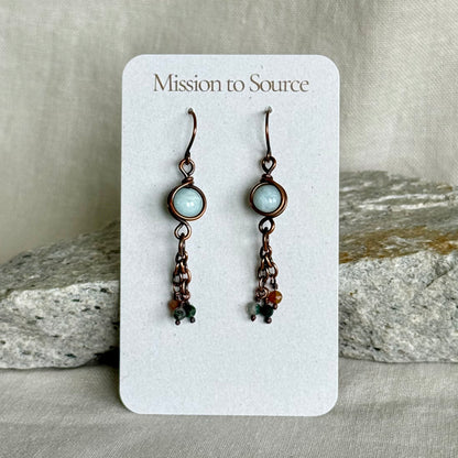Pair of copper earrings on a 'Mission to Source' card with a stone background