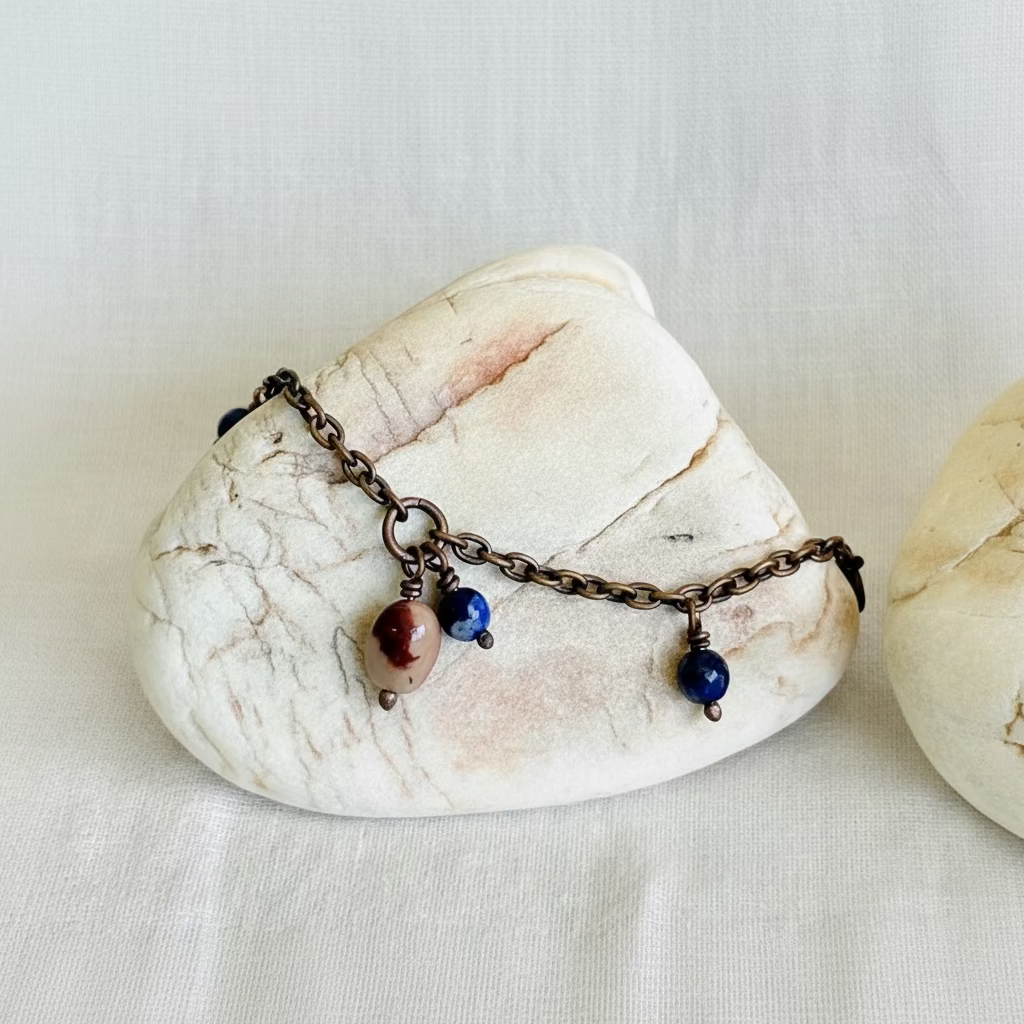 copper chain anklet with beads on a stone surface