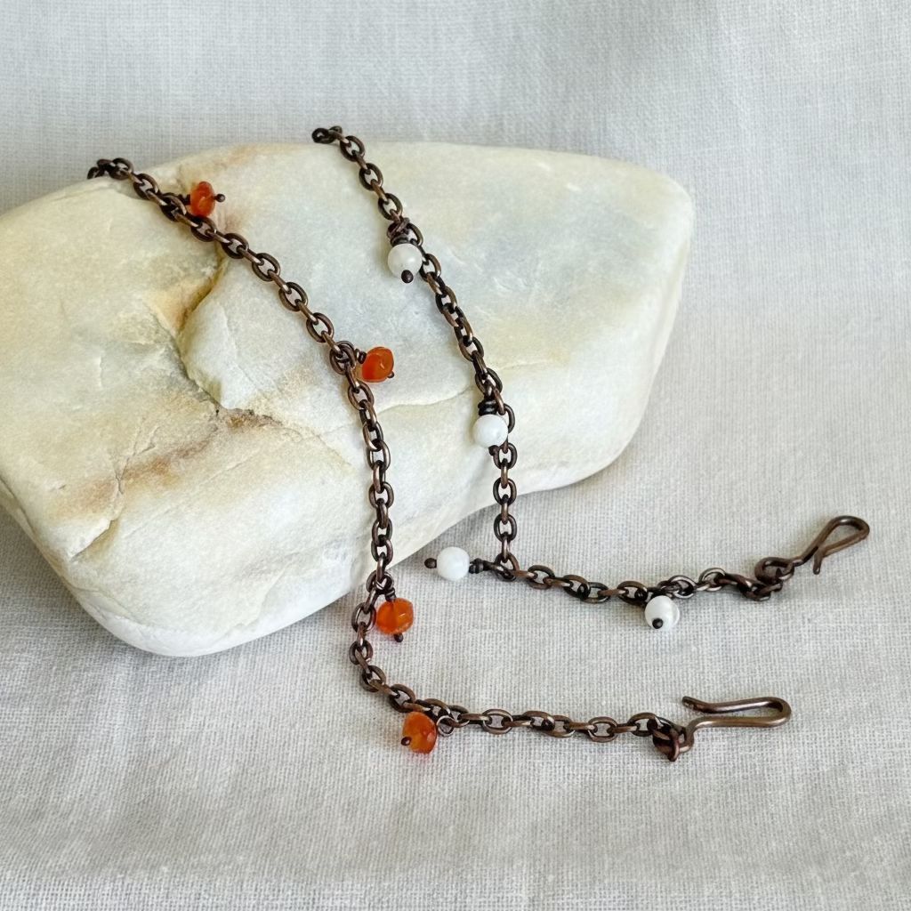 two copper chain anklets with red and orange beads on a stone surface